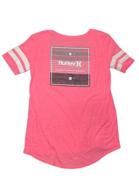Hurley Y2K Neon Pink Graphic Tee Striped Sleeves Logo Surf Skater Women’s Medium